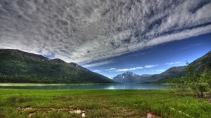 eklutna lake, alaska, mountains, hdr, sky