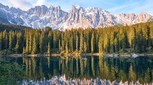 lake, mountain, trees, peaks, sky, reflection - wallpapers, picture