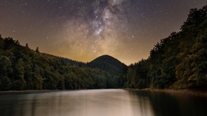 lake, mountain, trees, starry sky, milky way - wallpapers, picture