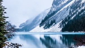 湖，山，雾，雪，山地景观，加拿大