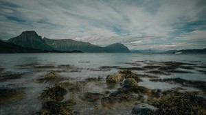 lake, mountains, shore, stones, seaweed