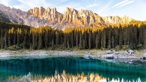 湖、山、木、反射、風景、イタリア