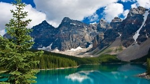 lake, mountains, trees, spruce, body of water - wallpapers, picture