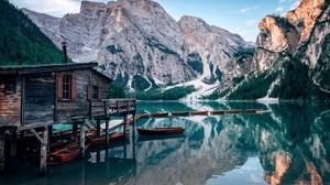 lake, mountains, the house, boats, landscape, travel - wallpapers, picture