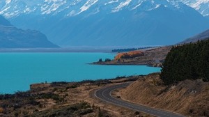 lake, mountains, road, farts, new zealand - wallpapers, picture