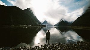 lake, mountains, stones, man, loneliness - wallpapers, picture