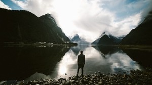 lake, mountains, stones, man, loneliness