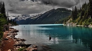lake, mountains, stones, cloudy, gloom