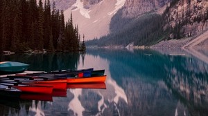 lake, mountains, canoe, kayak, trees