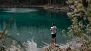 lake, mountains, forest, man, nature - wallpapers, picture