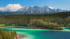 lake, mountains, forest, coniferous, peaks, snow-covered, clouds, freshness, purity, water surface, surface