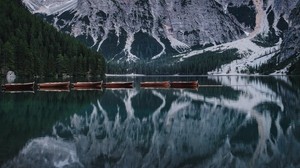 lake, mountains, boats, water, reflection