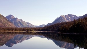 lake, mountains, sky, reflection, trees