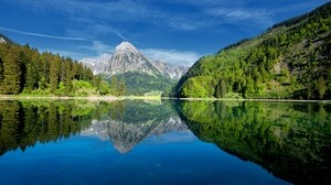 lake, mountains, sky, freshness, purity, clear, trees, forests, reflection, mirror, summer, blue, green - wallpapers, picture
