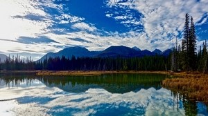 lake, mountains, clouds, reflection