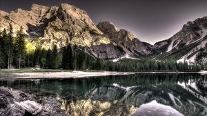 lago, montañas, reflejo, hdr