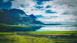 lake, mountains, landscape, clouds, island