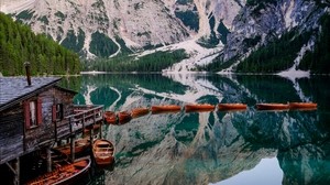 lake, mountains, pier, boats, landscape