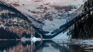 lake, mountains, snow, peak, lake louise, canada