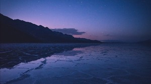 lake, mountains, twilight, starry sky, water, surface