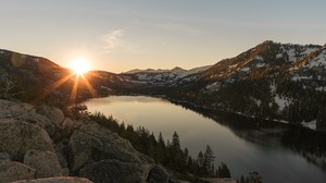 lake, mountains, sunset, stones