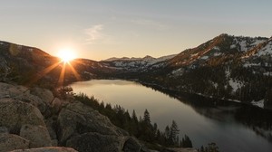 järvi, vuoret, auringonlasku, kivet