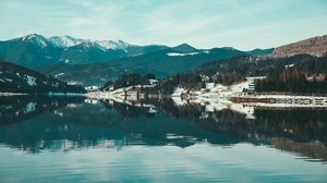 sjö, berg, snöig, Rumänien