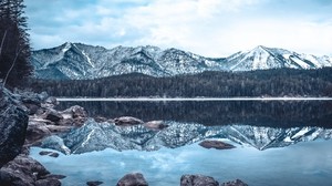 lake, mountains, winter, reflection