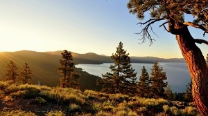 lake, hills, trees, sun, rays - wallpapers, picture