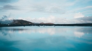 lago, colinas, islandia, azul, cielo, reflejo