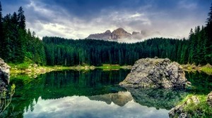 lake, stone, block, middle, body of water, mountains, forest, coniferous - wallpapers, picture
