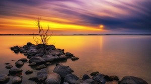 lake, stones, sunset, water, reflection, tree - wallpapers, picture
