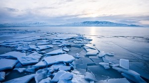 järvi, jää, fragmentit, jäätynyt, vuoret, maisema