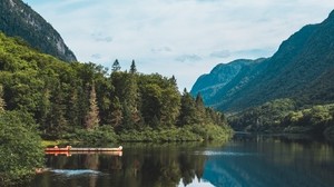 lake, forest, mountains, landscape, shore, trees