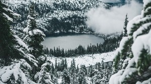 lake, forest, snow, top view, mountains, winter