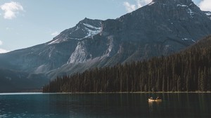 lake, boat, mountains, forest, nature