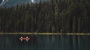 lake, boat, forest, mountains, landscape - wallpapers, picture