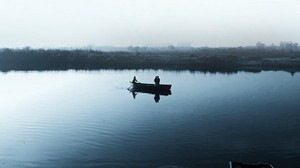 lake, boat, fog, shore, swim, cloudless