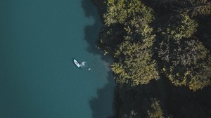lake, boat, top view, trees - wallpapers, picture