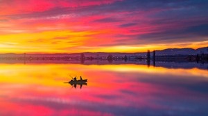 lago, barco, puesta de sol, reflejo, paisaje