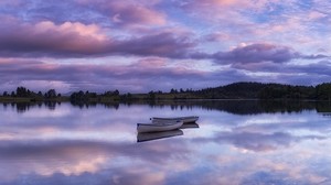 lake, boats, horizon, sunrise, dawn, Loch Lomond, Trossachs, Scotland