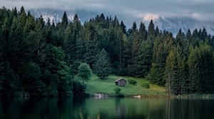 lake, lawn, cabin, forest, mountains, nature