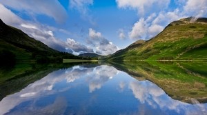 lake, sky, mountains, reflection, mirror, surface, noon