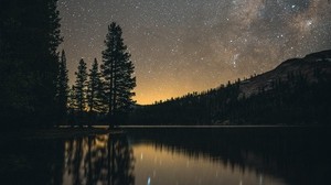lake, night, starry sky, landscape, dark