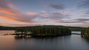 lake, island, trees, sky, sunset