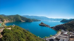 lago, isla, montañas, cielo, vista superior