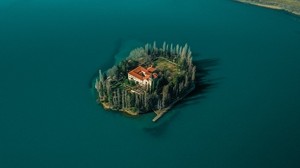 lake, island, top view, trees, the house