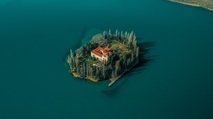 lago, isola, vista dall’alto, alberi, la casa