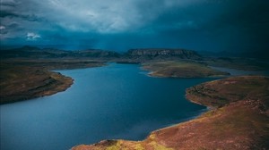 lake, islands, aerial view, overcast, sky, africa