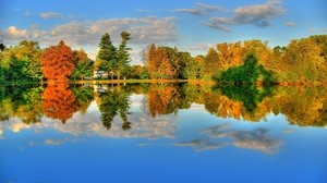 lake, reflection, trees, autumn, colors, shore, house
